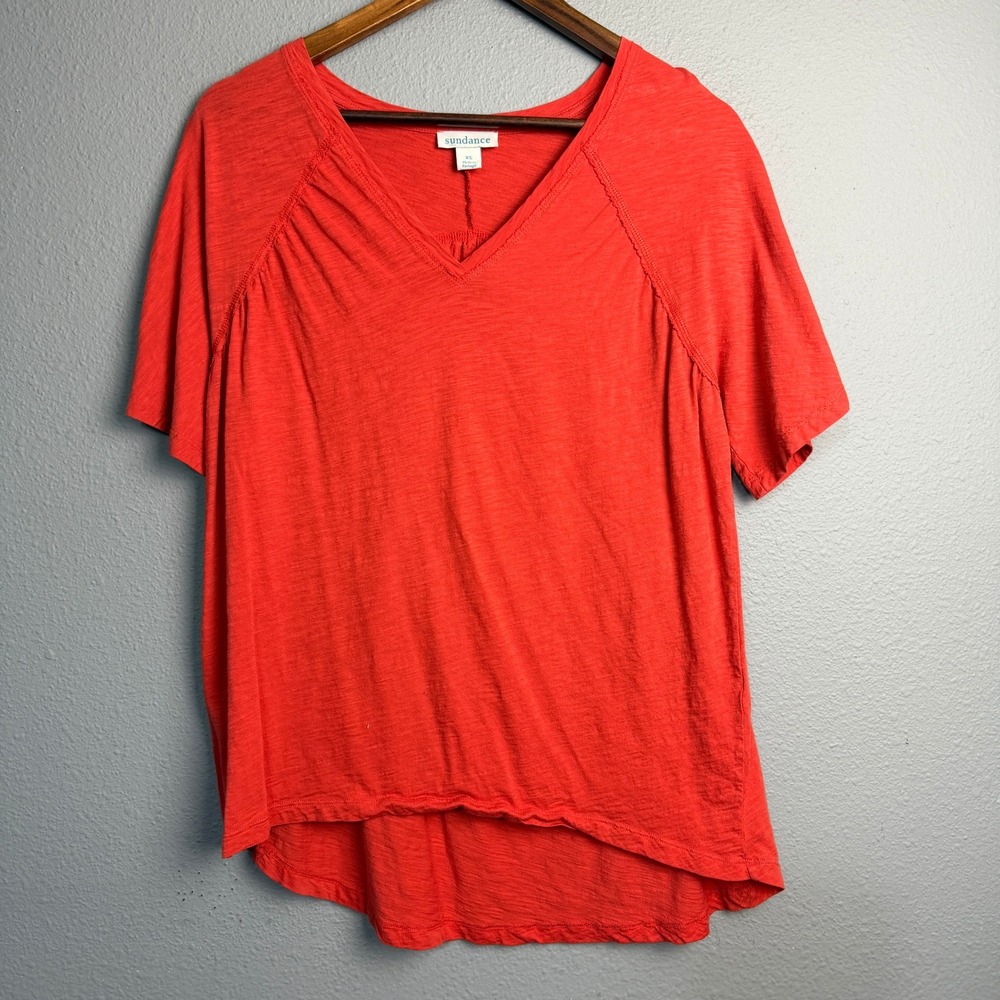 Sundance Flowy Orange V Neck Cotton Gathered Back Short Sleeve Tunic‎ Top XS